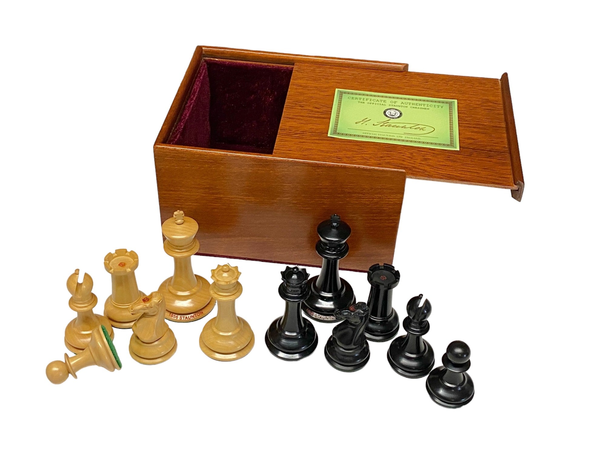 3.5 Inch DropJaw Ebony Chess Set & Mahogany Slide Box - Official Staunton™